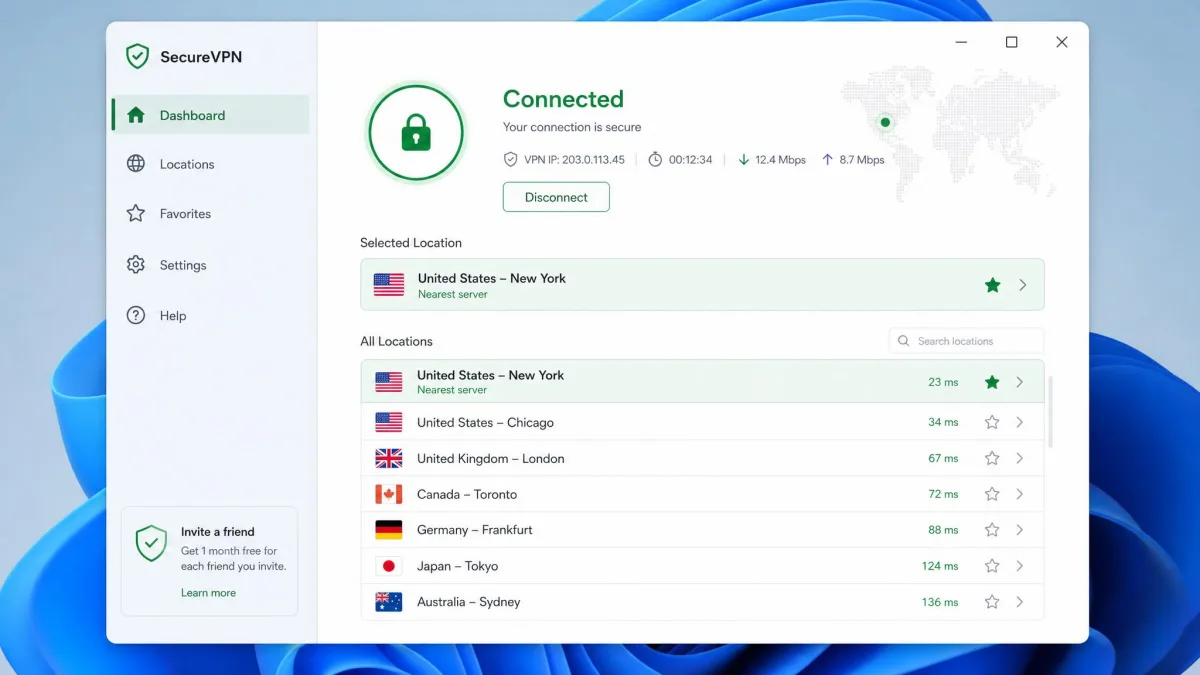 A desktop VPN app showing a connected status with a green indicator and a server list, with a nearby city server selected at the top.