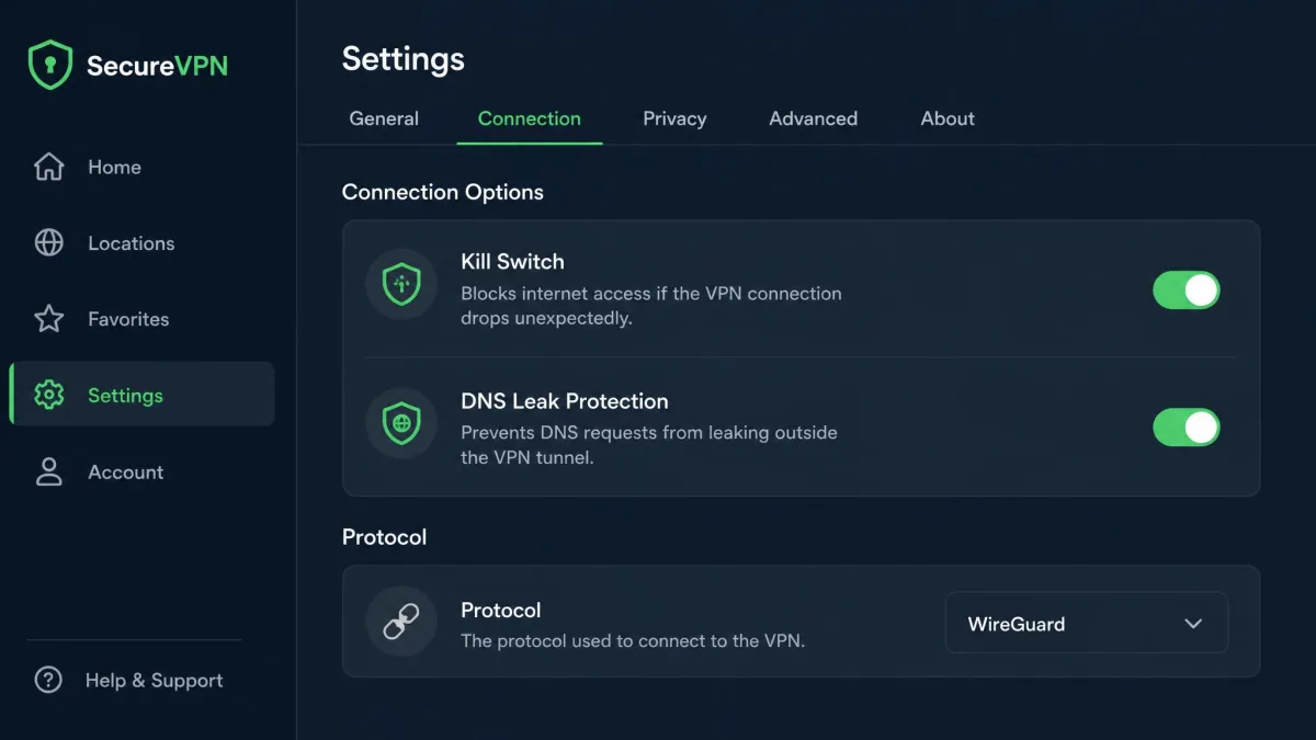 A VPN app settings screen with the kill switch and DNS leak protection options both switched on and a protocol dropdown set to WireGuard.