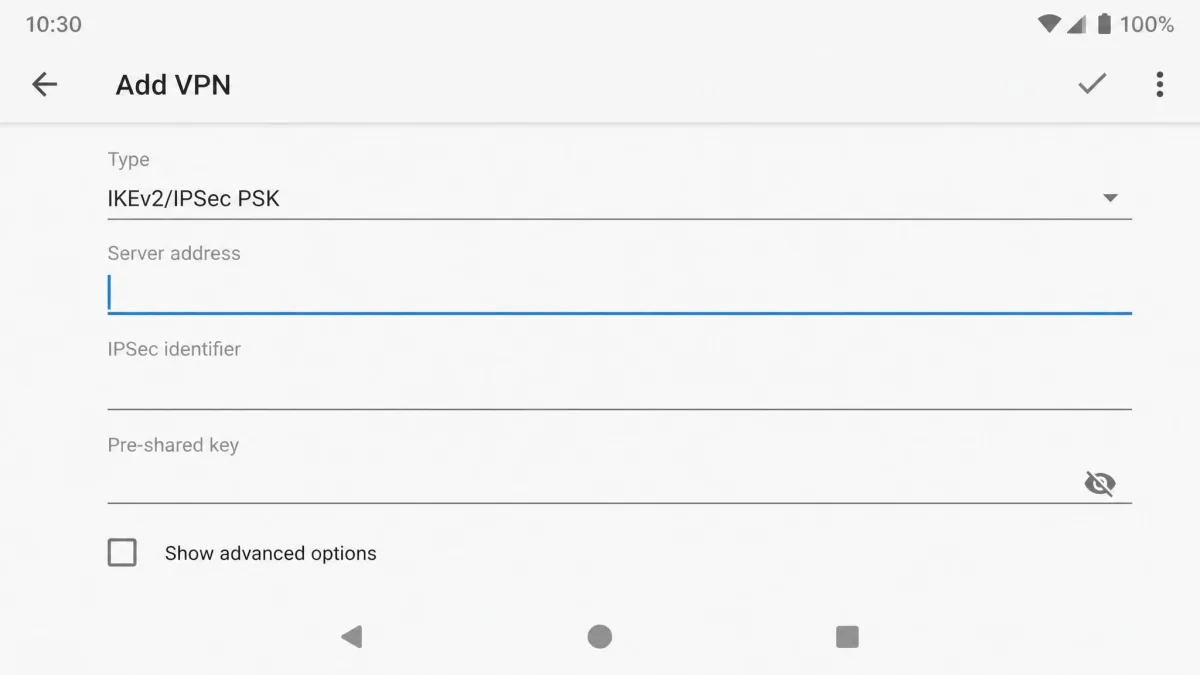 Android's Add VPN screen with the Type set to IKEv2/IPSec PSK and empty server address and pre-shared key fields.