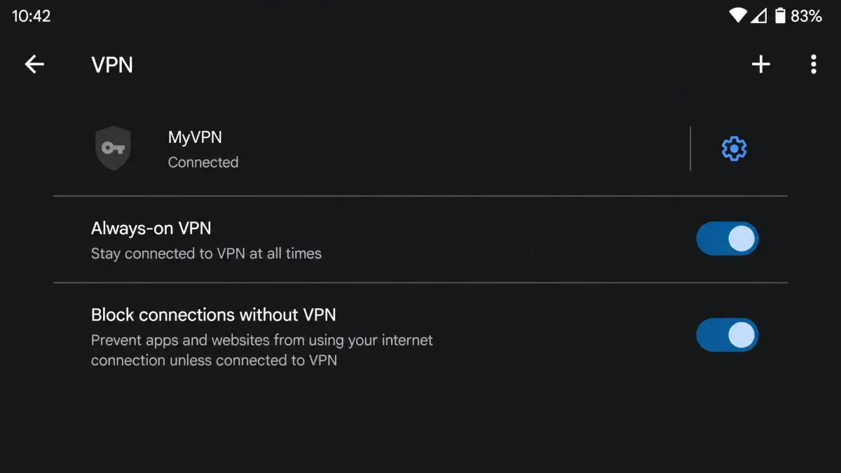 Android's VPN settings page with the Always-on VPN and Block connections without VPN switches both turned on.