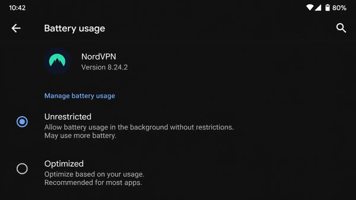 A VPN app's Android battery settings with Unrestricted selected instead of Optimized.