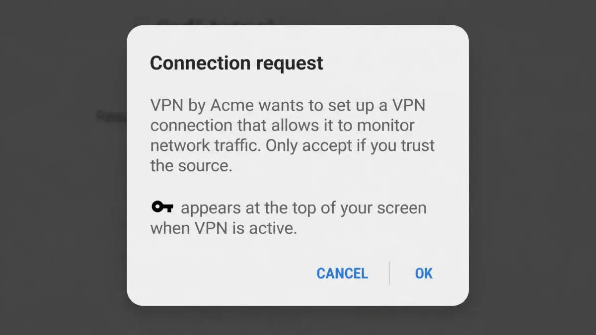 Android's connection request dialog saying a VPN app wants to set up a connection that can monitor network traffic, with Cancel and OK buttons.