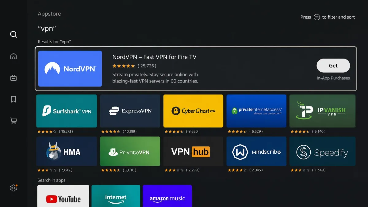 The Fire TV Appstore search screen showing VPN app results in a grid, with one app highlighted and a Get button visible on its detail card.
