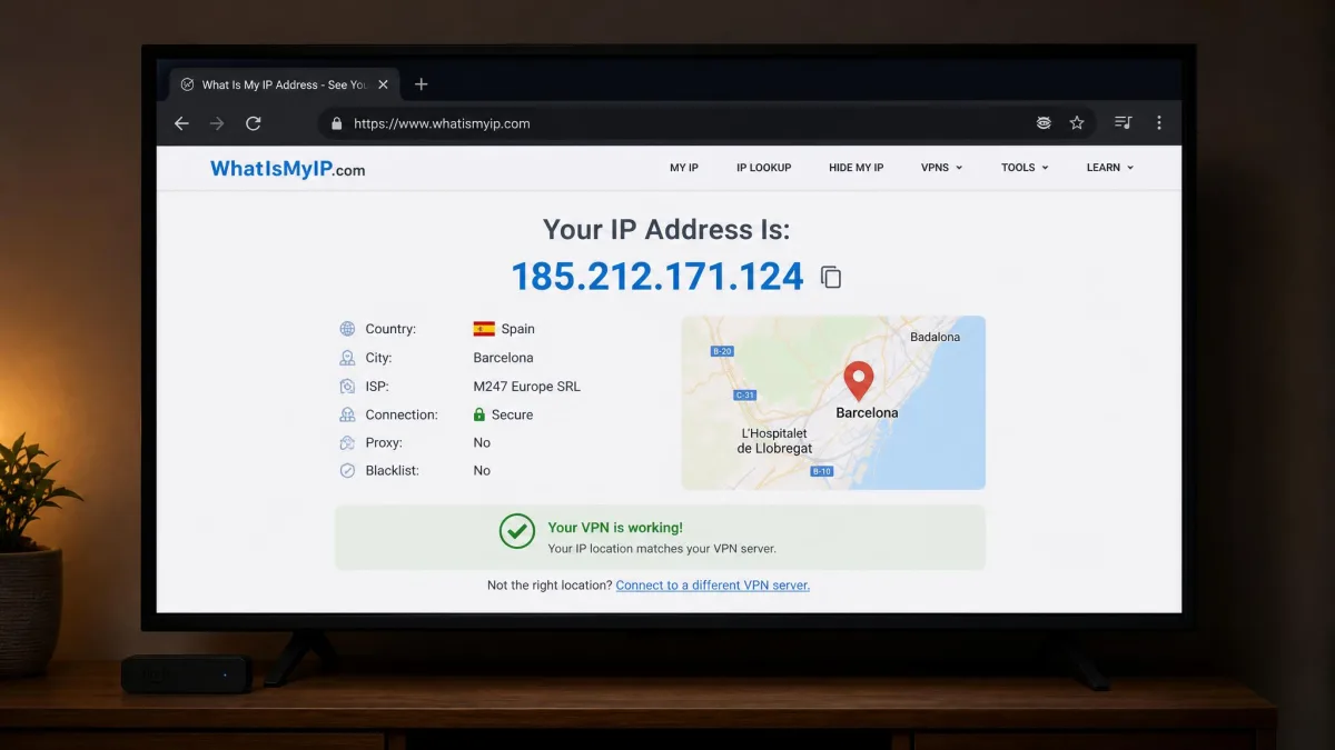 A browser on a Fire TV showing an IP-check website with a location pin on a foreign city, confirming the VPN server country rather than the user's home country.