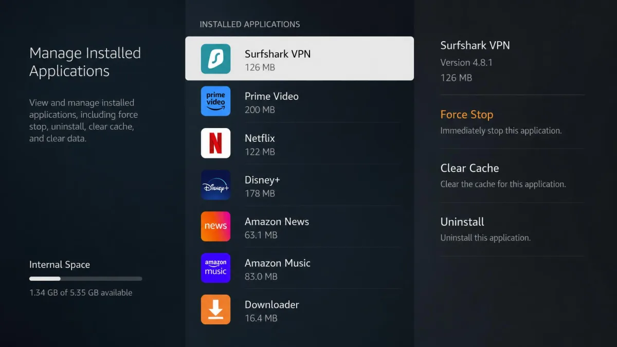 The Fire TV Manage Installed Applications list with a VPN app selected, showing Force Stop, Clear Cache, and Uninstall options in a side menu.