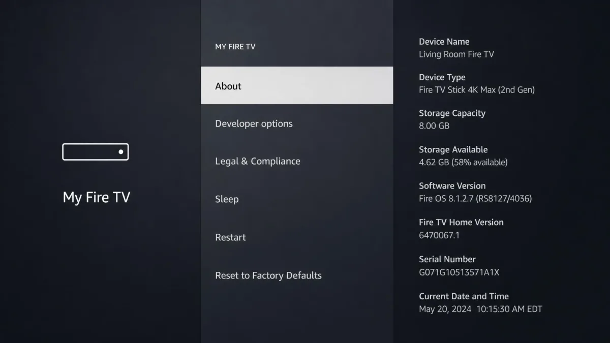 The Fire TV Settings menu open on the My Fire TV About screen, showing the device model name, serial number, and storage details.