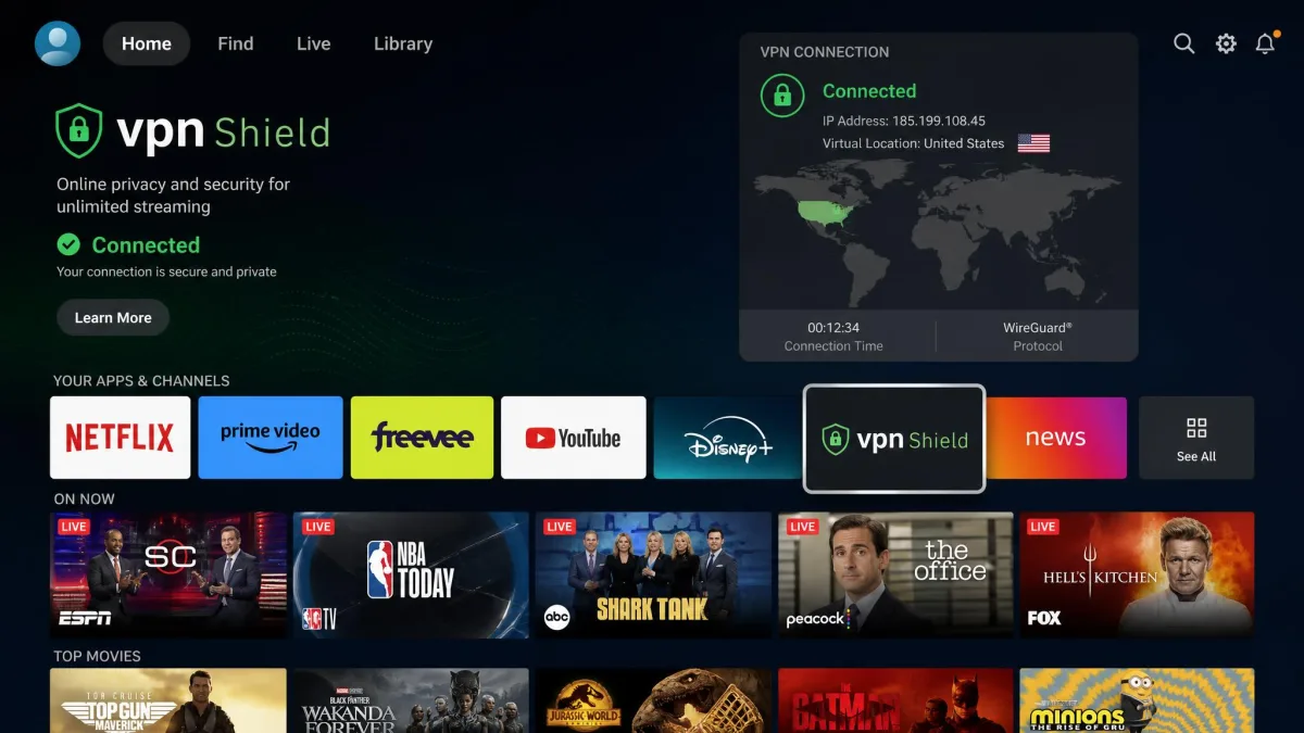 A Fire TV home screen with a VPN app tile selected in the app row, showing a connected status and a world map thumbnail on the right panel.