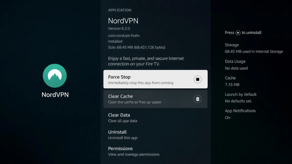 The Fire TV application settings screen for a VPN app, with the Force Stop and Clear Cache buttons visible and Force Stop highlighted.