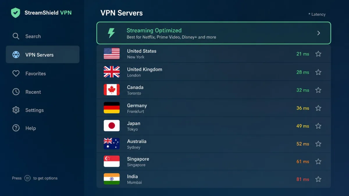 A VPN app server list on a Fire TV showing country entries with flags and latency numbers, with a streaming-optimized category highlighted near the top.