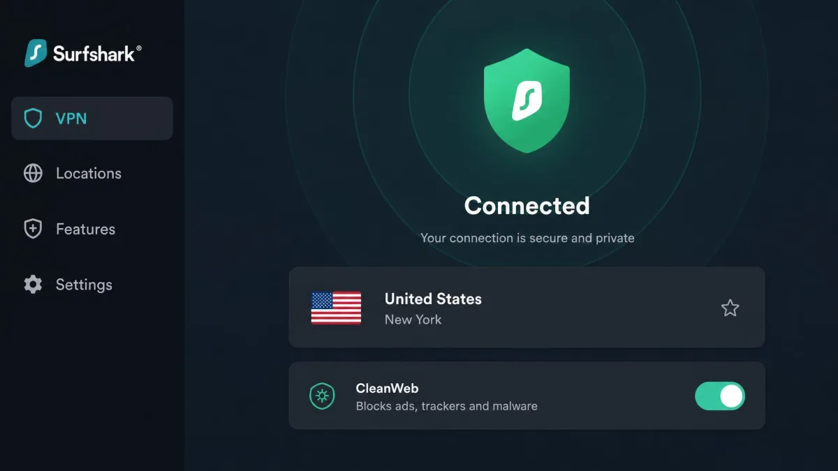 The Surfshark Fire TV app showing a connected status to a United States server, with a green shield icon and the CleanWeb toggle enabled below.