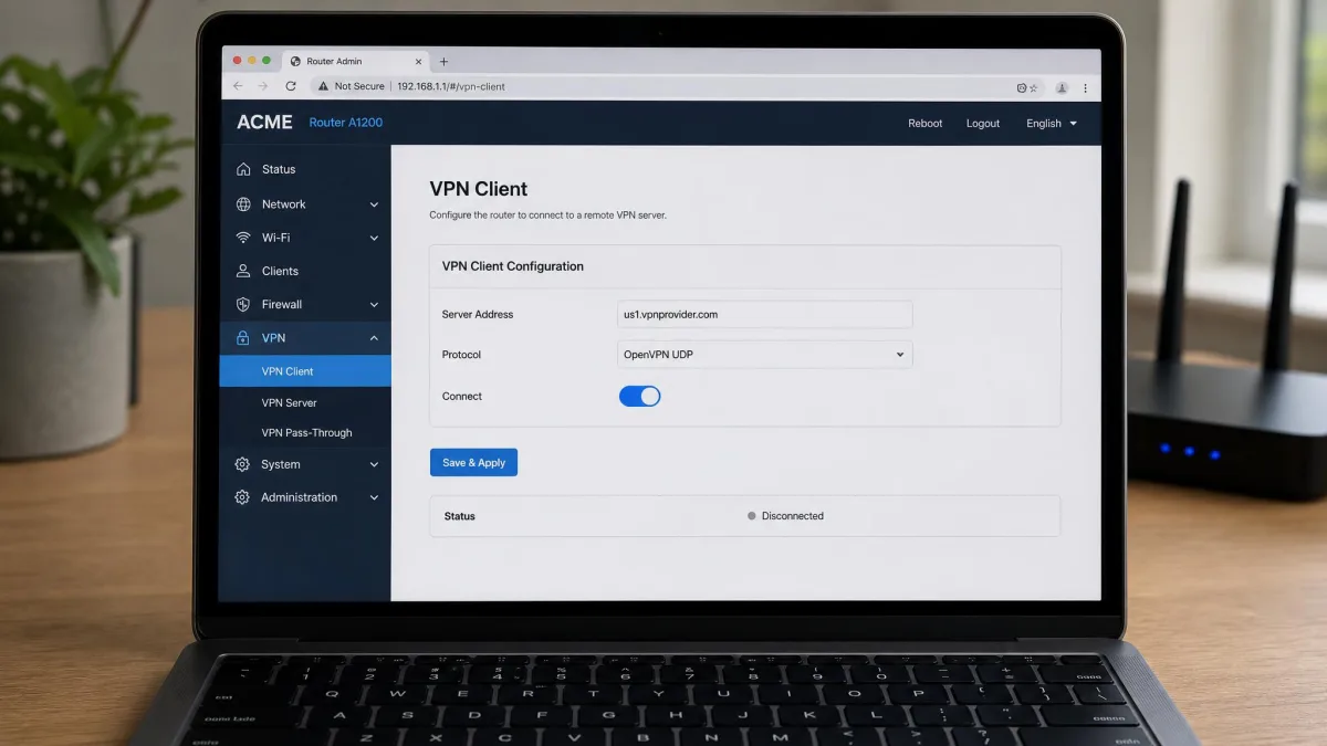 A laptop showing a router admin panel with a VPN client configuration page open, listing a server address, protocol dropdown, and a connect toggle.