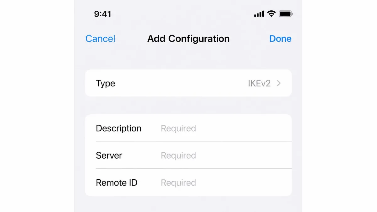iPhone Settings screen for adding a VPN configuration, showing the Type selector set to IKEv2 along with empty fields for description, server, and remote ID.