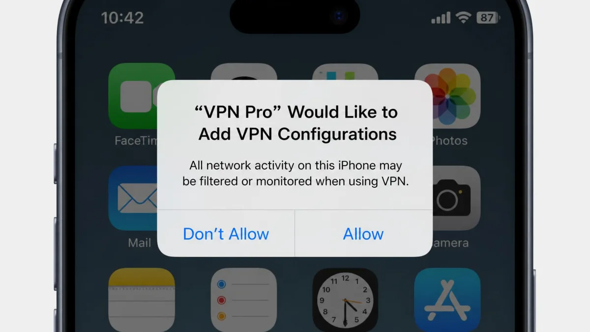iOS system prompt on an iPhone asking the user to allow a VPN app to add VPN configurations, with Allow and Don't Allow buttons visible.