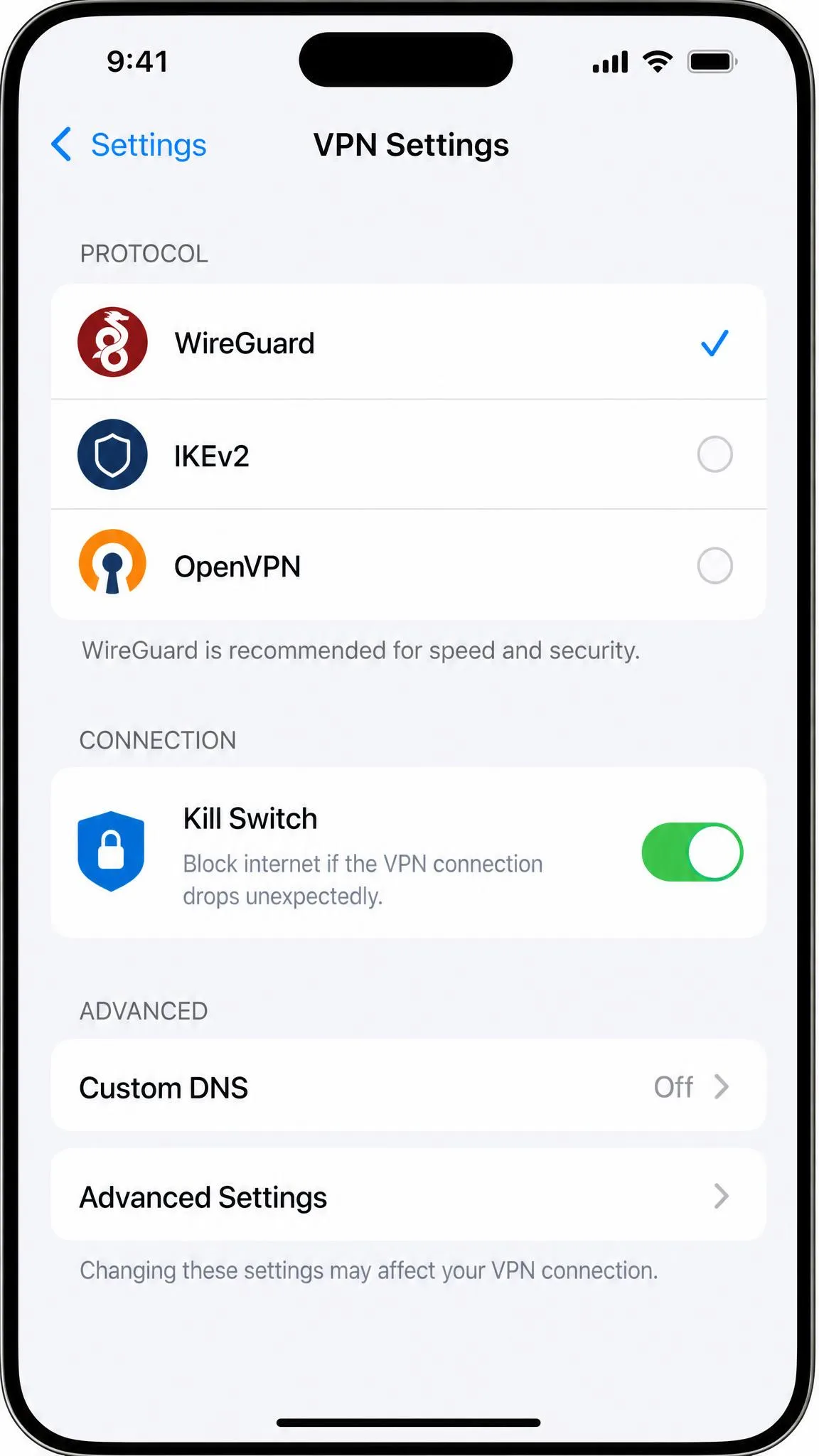 A VPN app settings screen on iPhone showing a protocol selector with WireGuard, IKEv2, and OpenVPN options, plus a kill switch toggle switched on.
