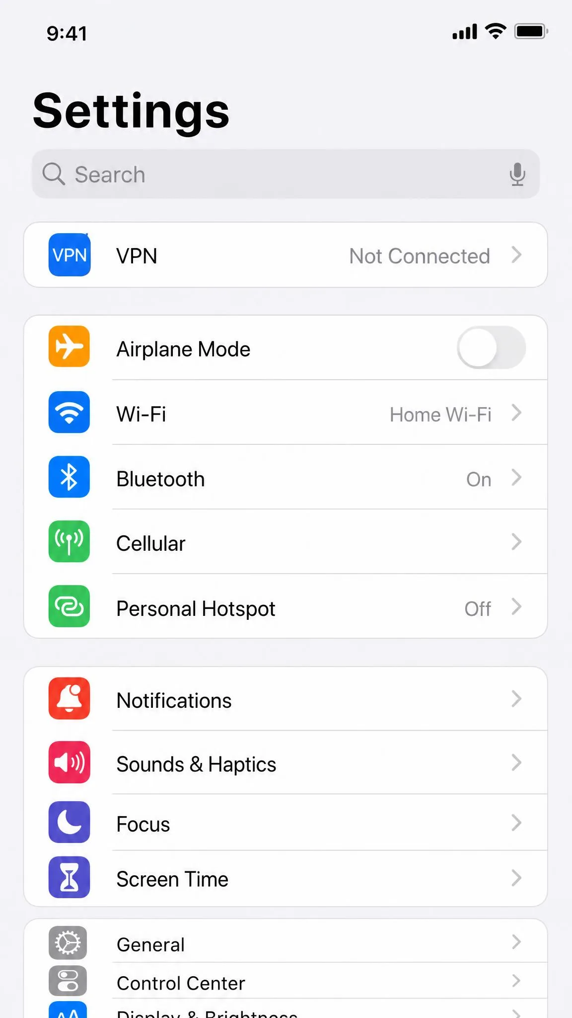 iPhone Settings main screen showing the VPN status row near the top with a Not Connected label, illustrating where to check and toggle a VPN connection.
