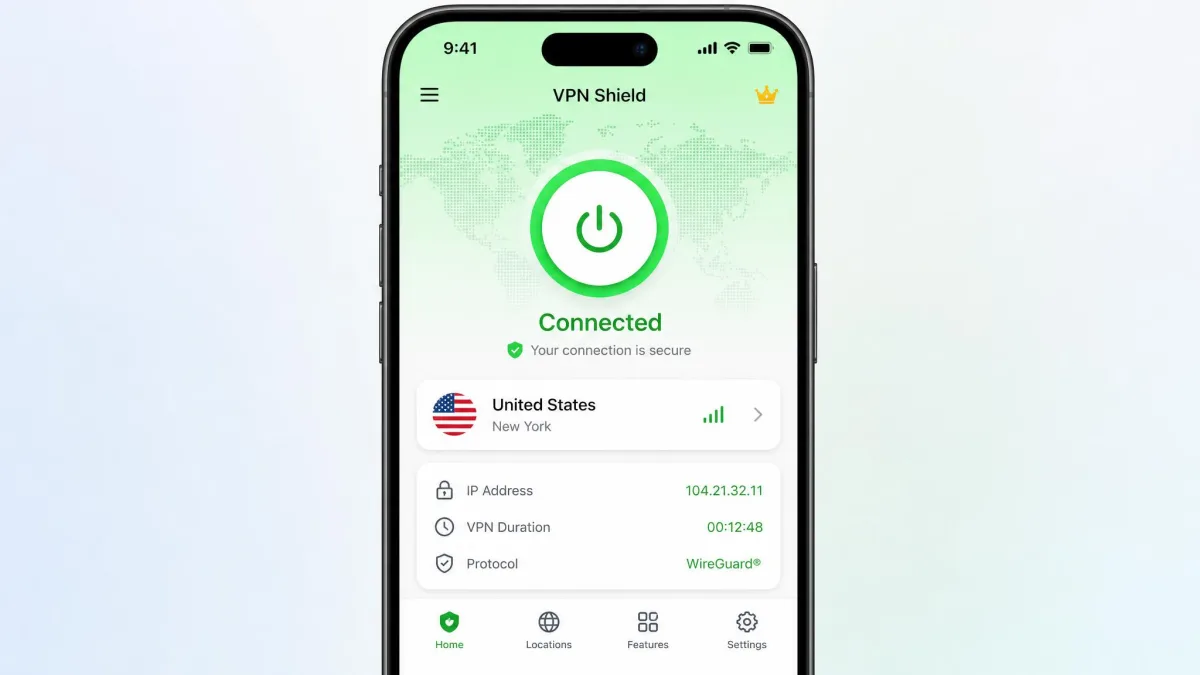 A VPN app on iPhone showing a connected state with a chosen server country, a large connect button turned on, and the VPN status highlighted.
