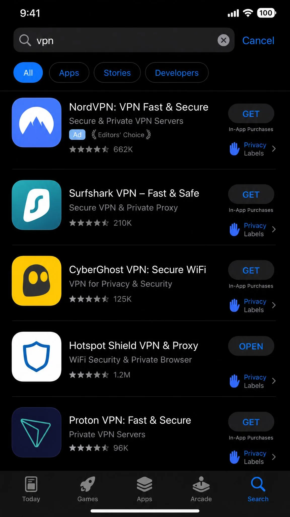 iPhone App Store search results showing several VPN apps with their ratings, download buttons, and privacy labels visible.