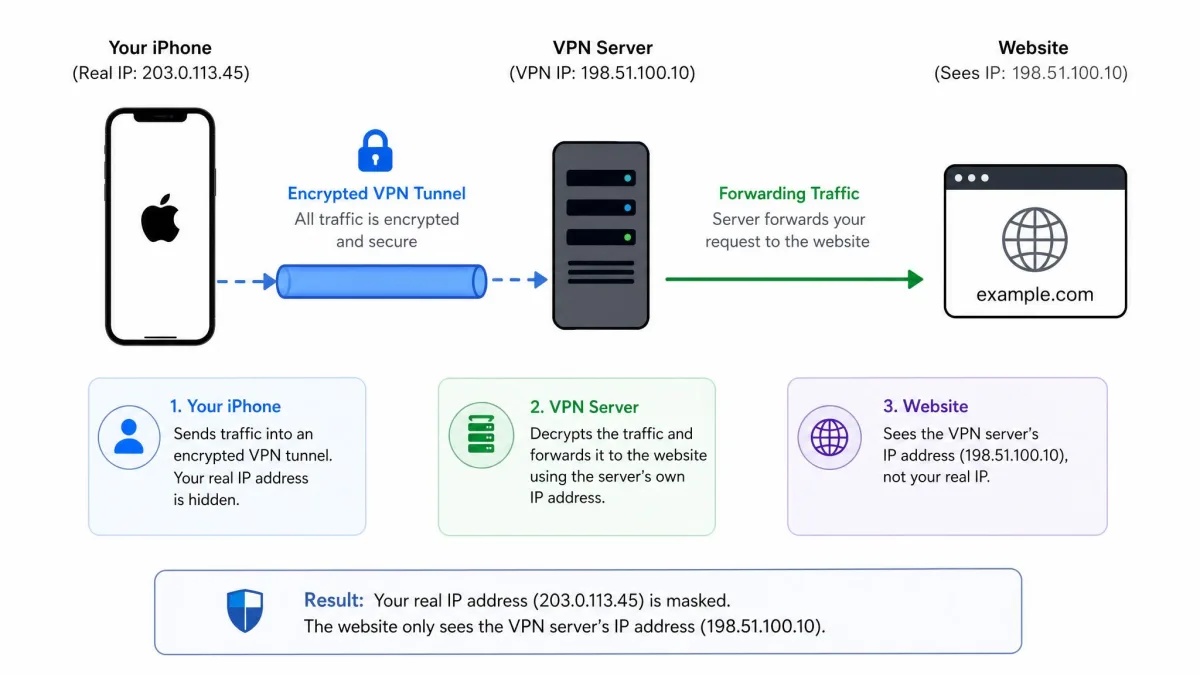 Simple diagram showing an iPhone connecting through an encrypted VPN tunnel to a remote server, with the server forwarding traffic to a website and masking the phone's real IP address.
