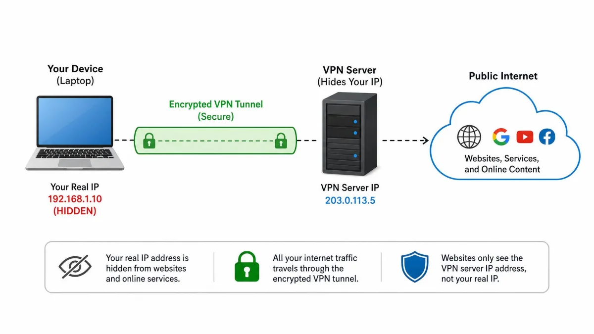Simple diagram showing a laptop connecting through an encrypted VPN tunnel to a VPN server, which then reaches the public internet, with the real IP address hidden behind the server.