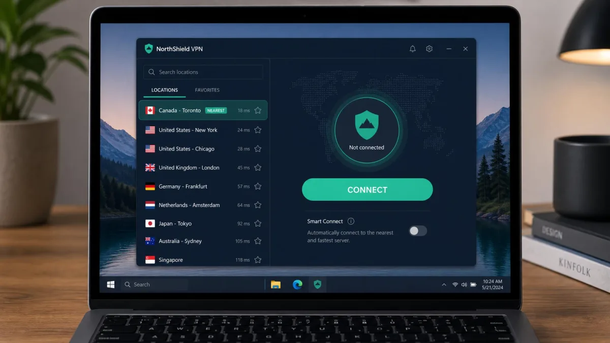 A VPN provider desktop app open on a laptop, showing a server location list on the left and a large Connect button, with one server highlighted as the nearest option.