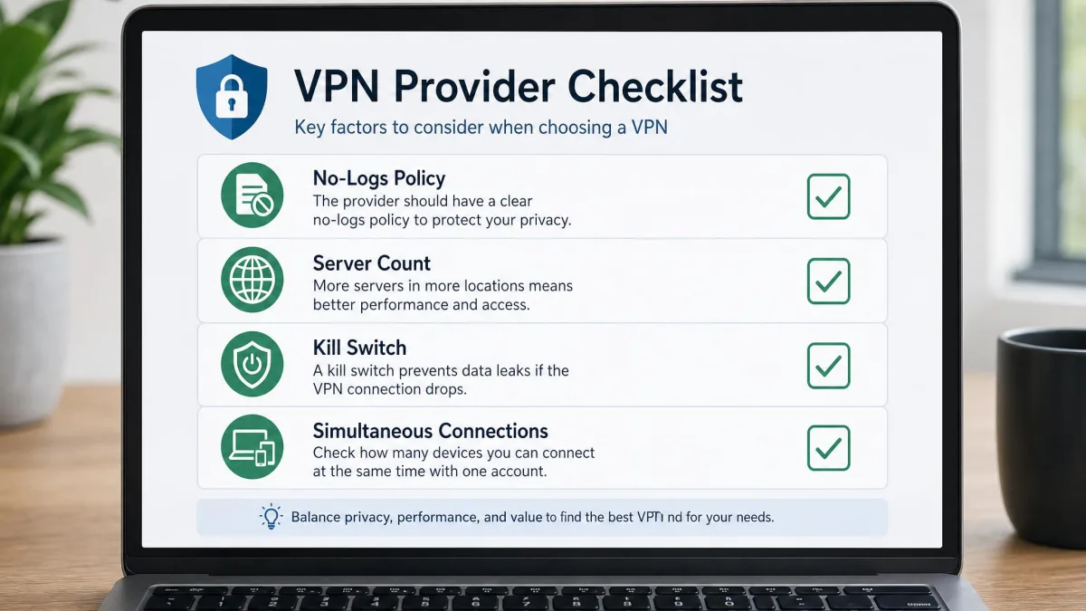 A checklist a laptop user might weigh when choosing a VPN provider, showing no-logs policy, server count, kill switch, and simultaneous connections as the key criteria.