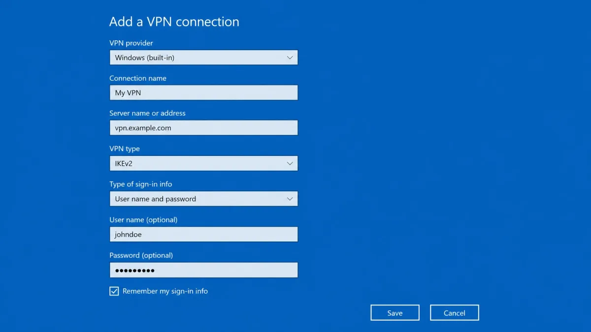 The Windows Add a VPN connection form filled in, showing the VPN provider set to Windows built-in, a server address field, VPN type dropdown, and username and password fields.
