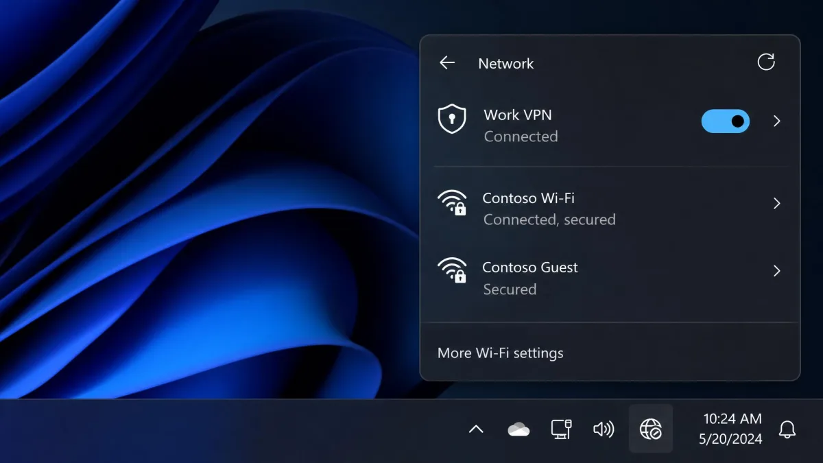 The Windows taskbar network flyout open, showing a saved VPN connection toggled on with a Connected status label beneath its name.