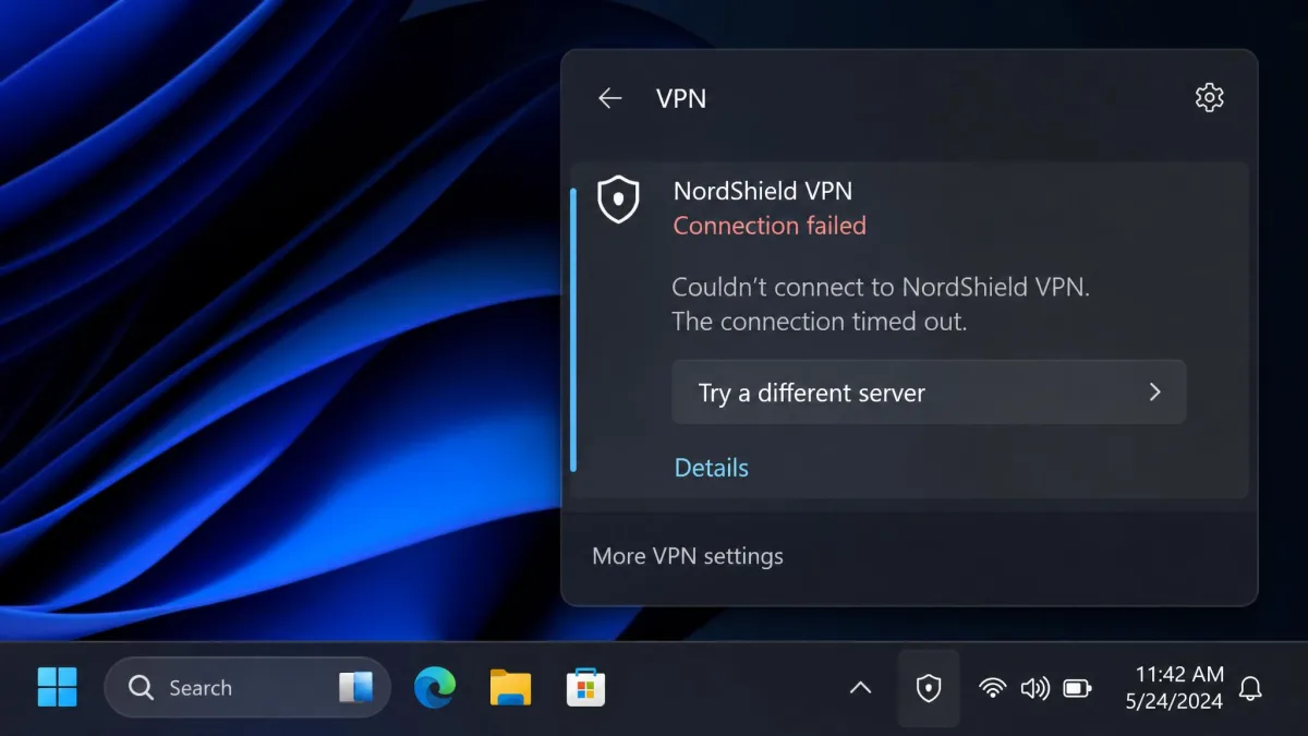 A Windows laptop taskbar VPN flyout showing a connection that failed to connect, with the option to try a different server, illustrating a common troubleshooting moment.