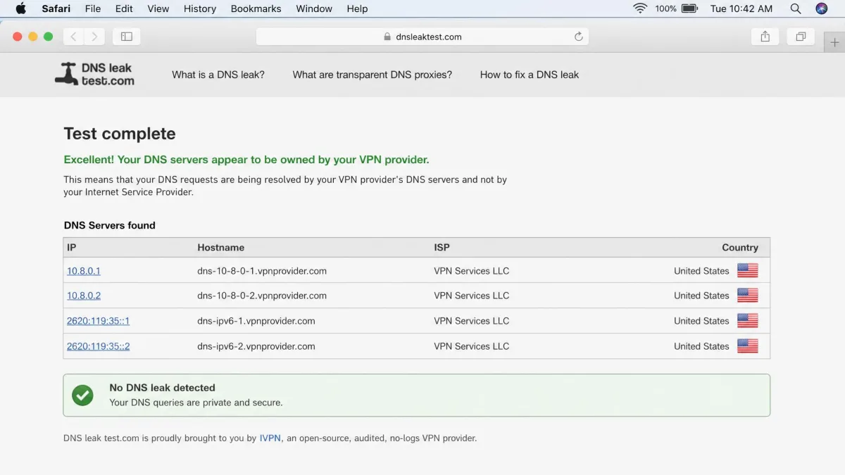 A DNS leak test results page open in Safari on a Mac showing only VPN-owned DNS servers listed and no internet-provider servers, confirming no DNS leak.