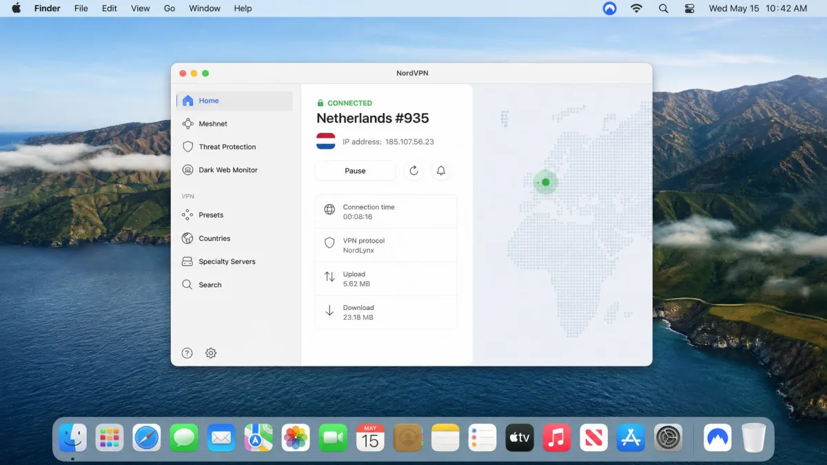 A Mac desktop showing a VPN app window connected to a server in the Netherlands, with the VPN status icon visible in the macOS menu bar at the top of the screen.
