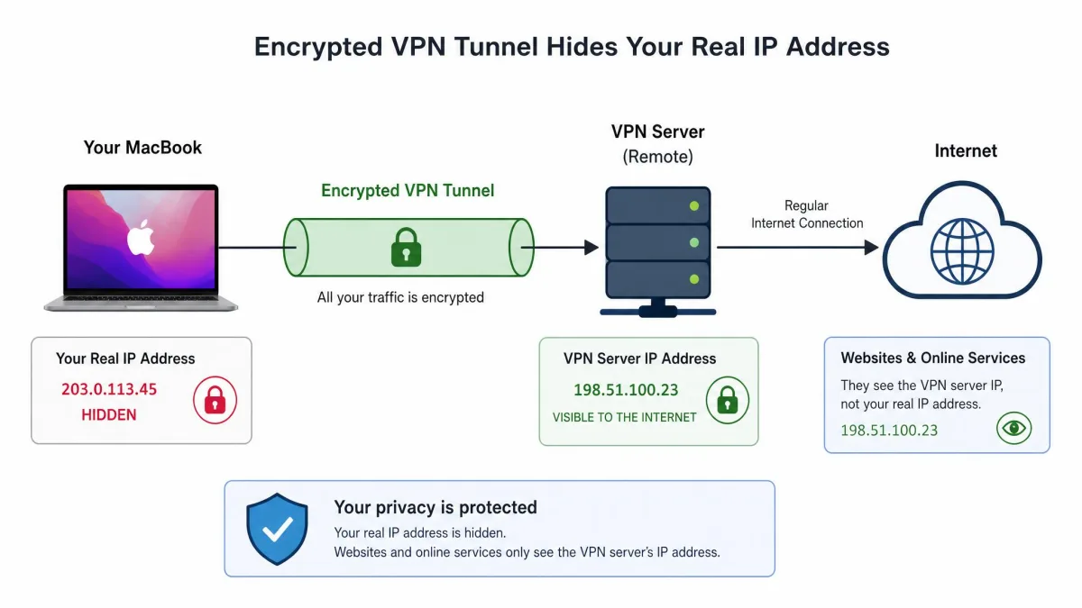 A simple diagram showing a MacBook connecting through an encrypted VPN tunnel to a remote server and then to the internet, with the user's real IP address hidden.