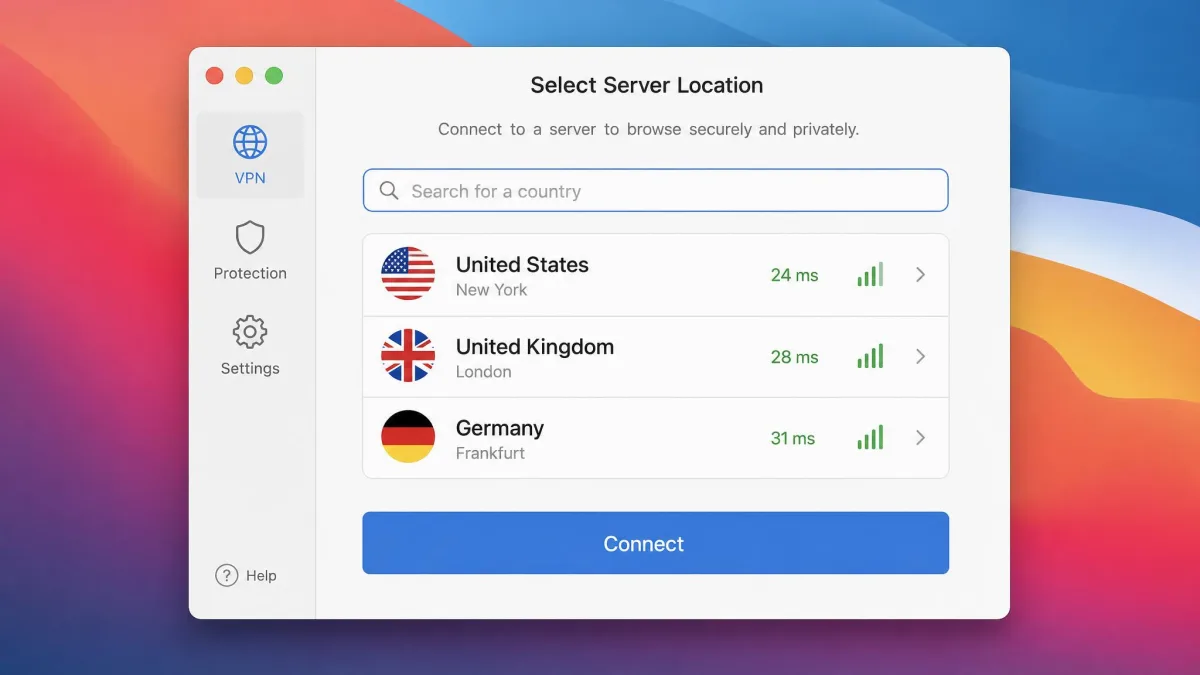 A Mac VPN app's server-location picker showing a searchable country list with the United States, United Kingdom, and Germany servers listed and a Connect button.