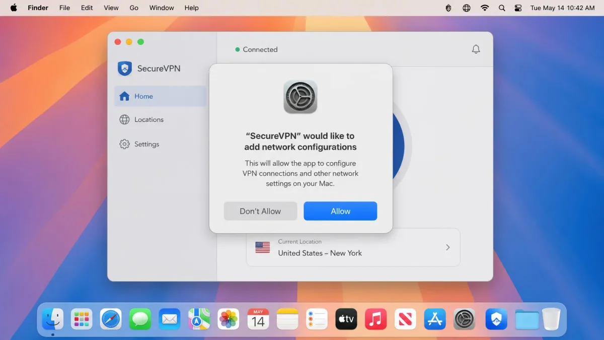 A macOS system dialog asking the user to allow a VPN app to add network configurations, with Allow and Don't Allow buttons, shown over the VPN app window.