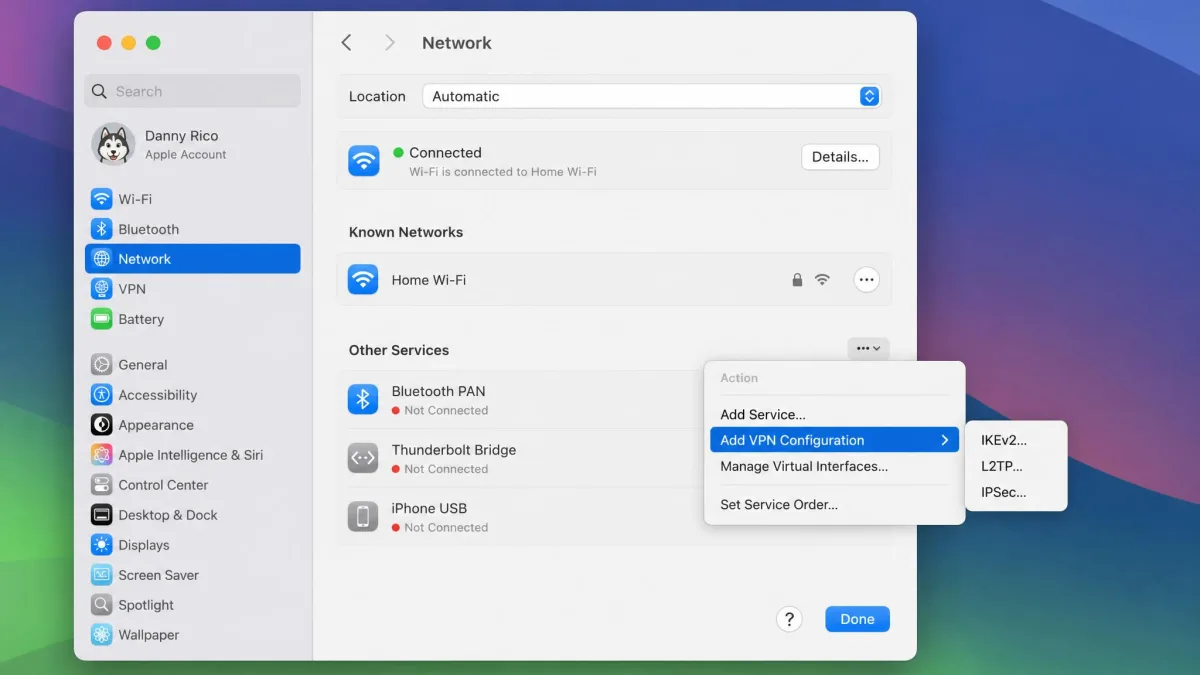 The macOS System Settings Network panel with the Action pop-up menu open and Add VPN Configuration highlighted, showing the IKEv2, L2TP, and IPSec protocol options.