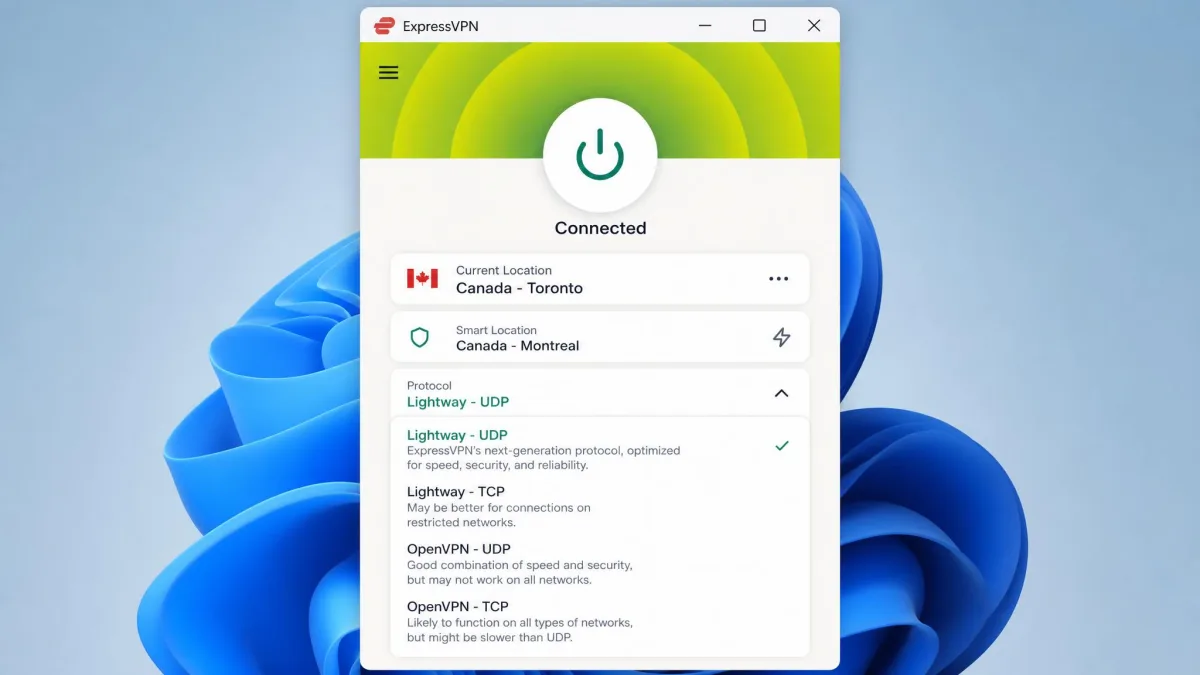 The ExpressVPN app connected using the Lightway protocol to a server, showing the large connect button and protocol selection menu.