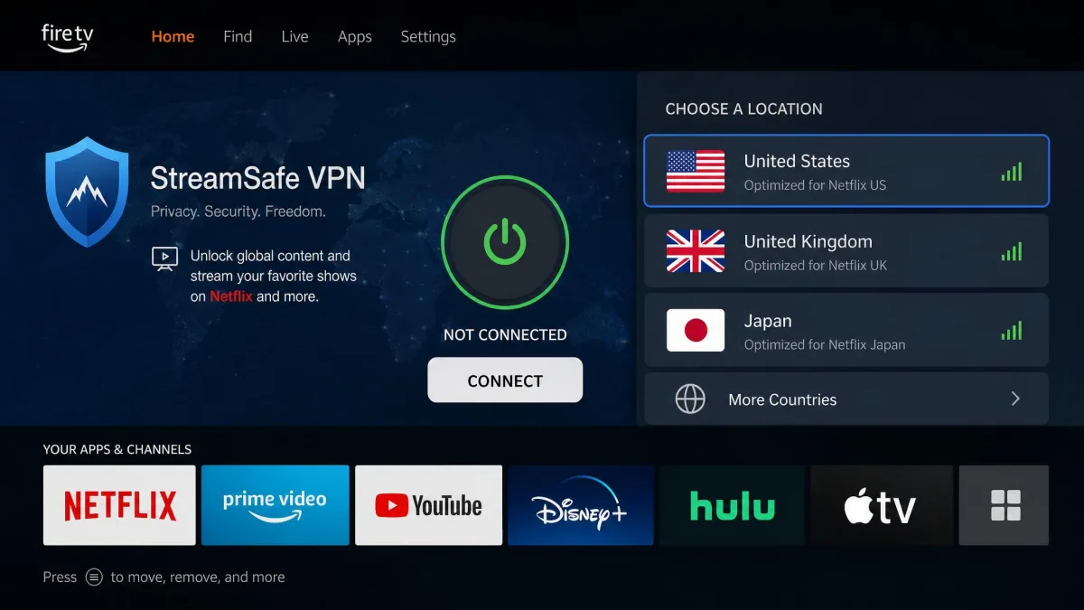 A Fire TV home screen displaying a VPN app's connect button with a country server list open, showing US, UK, and Japan options ready to select for Netflix streaming.