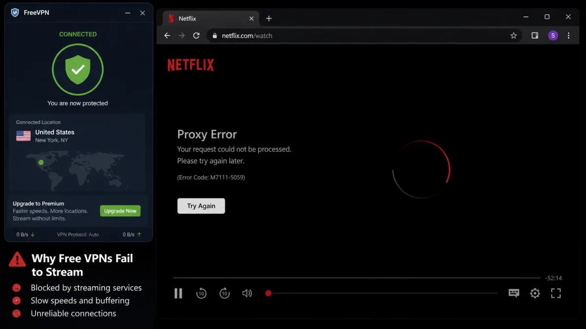 A free VPN connected to Netflix showing a proxy error and a buffering spinner, illustrating why free services fail to stream reliably.