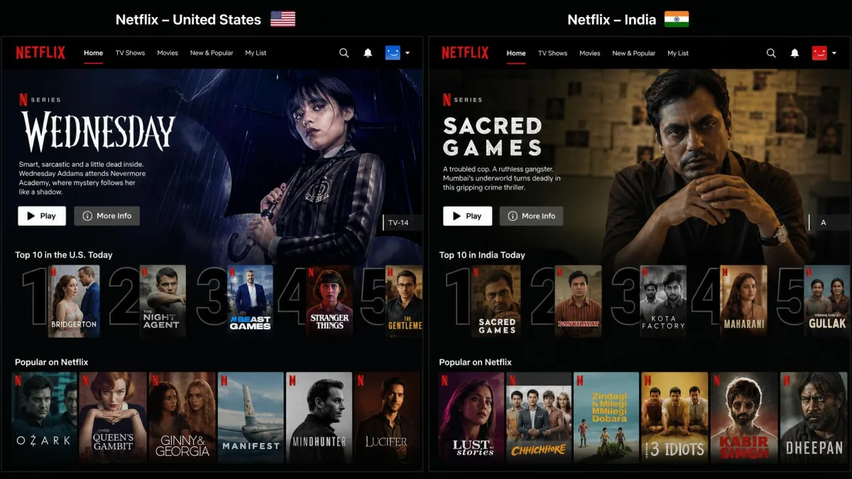A side-by-side comparison of the Netflix homepage in two different countries, showing different featured shows and thumbnails in each regional catalog.