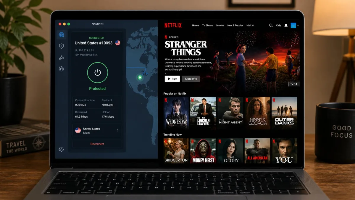 A laptop showing a VPN app connected to a US streaming server on the left and the Netflix homepage displaying the US catalog on the right, with the connection status marked as protected.