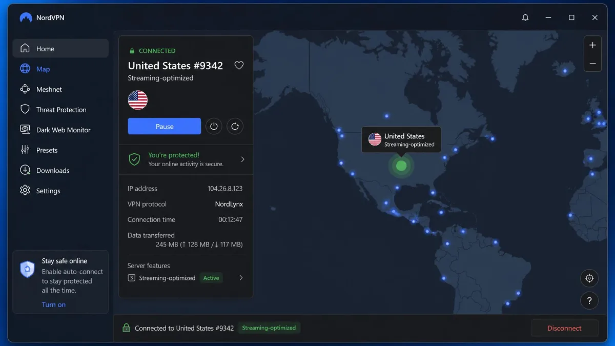 The NordVPN desktop app connected to a US streaming-optimized server, showing the protected status indicator and the country map view.