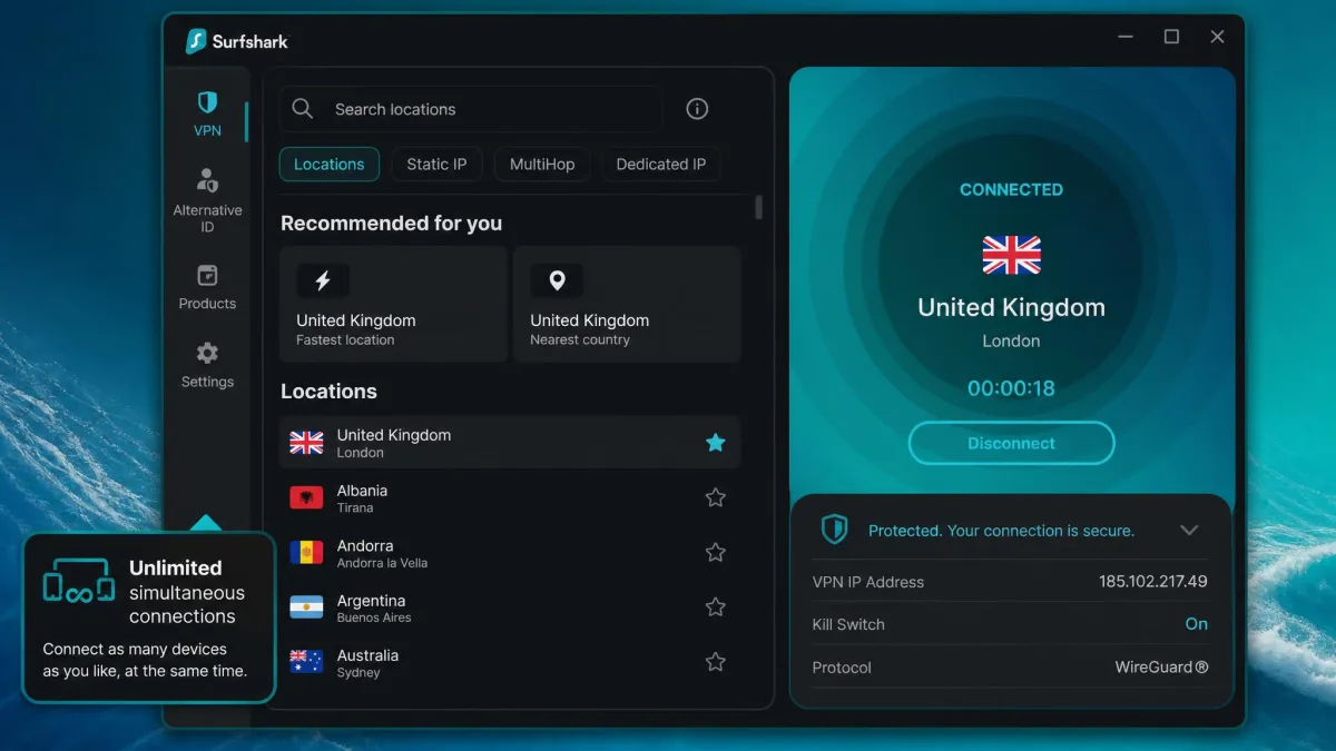 The Surfshark app connected to a UK server with the server list open, highlighting the unlimited simultaneous connections feature.