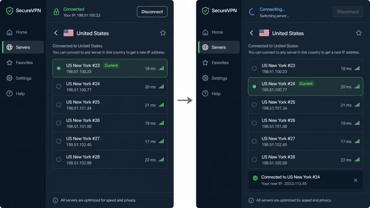 A VPN app server list showing multiple selectable servers in the same country, with one server being switched to another to obtain a fresh IP address.