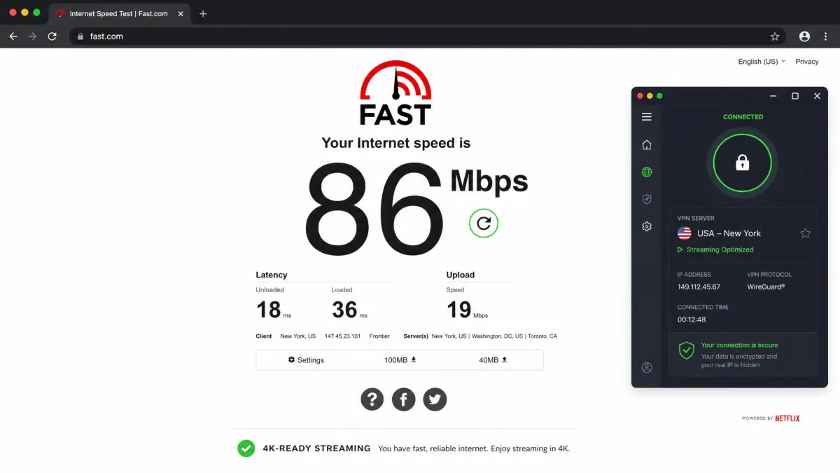 A fast.com speed test result showing a download speed comfortably above 25 Mbps while a VPN is connected to a streaming-optimized server, indicating 4K-ready throughput.