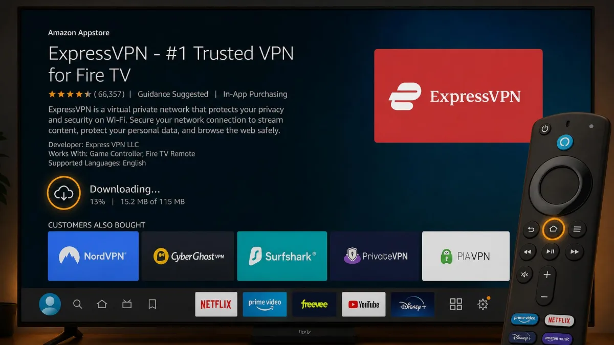 A Fire TV Stick home screen showing a VPN app being installed from the Amazon Appstore, with the remote highlighting the download button.