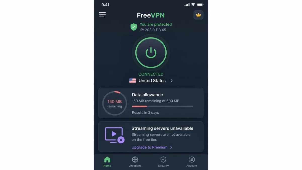 A free VPN mobile app showing a low remaining data allowance and a notice that streaming servers are unavailable on the free tier.