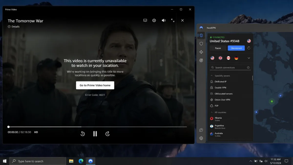 A Prime Video playback error overlay reading that the title is unavailable in the current location, shown over a paused film with a VPN app open beside it.