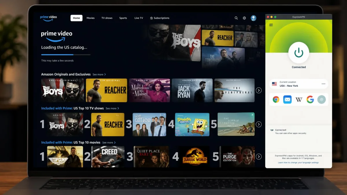 Prime Video home screen loading the US catalog on a laptop with a VPN app connected to a New York server shown in a side panel, rows of US-only titles filling the page.