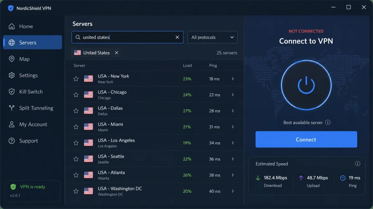 A VPN desktop app showing a searchable server list filtered to United States locations, with a connect button and a speed indicator visible.