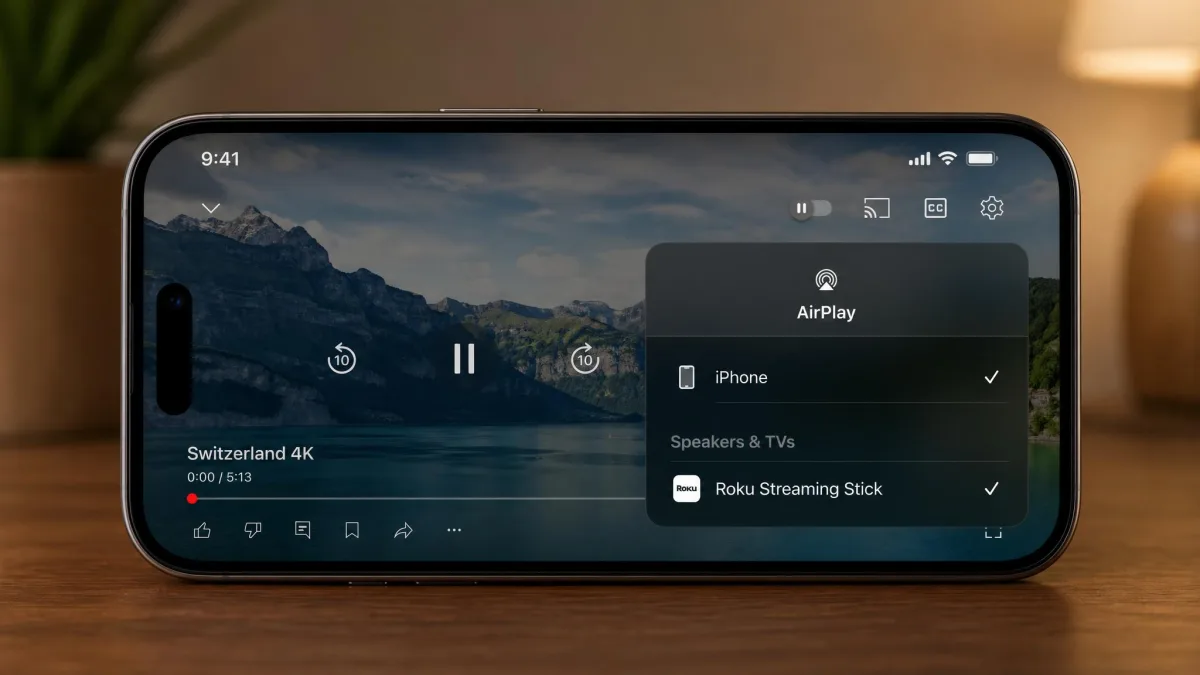 An iPhone showing the AirPlay device picker over a paused video, with a Roku Streaming Stick listed as the playback target.