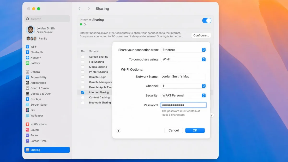 The macOS System Settings Sharing pane with Internet Sharing switched on and the Configure dialog showing Ethernet shared to Wi-Fi with WPA3 Personal security.